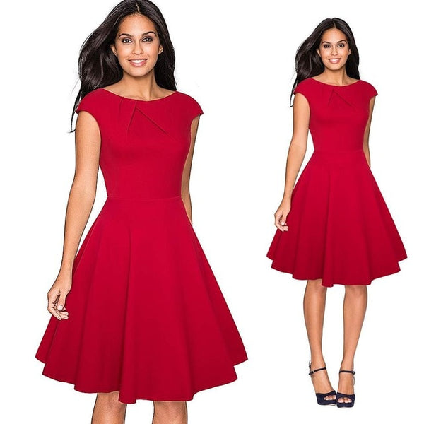 Women Elegant Summer Ruched Cap Sleeve Casual Wear To Work Office Party Fitted Skater A-Line Swing Dress EA067