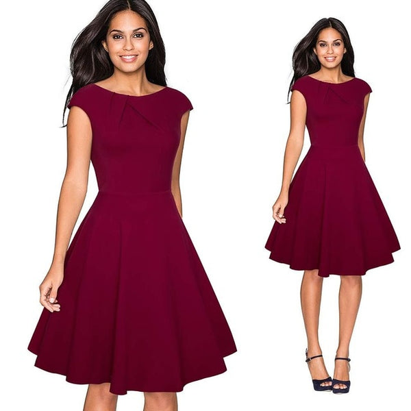 Women Elegant Summer Ruched Cap Sleeve Casual Wear To Work Office Party Fitted Skater A-Line Swing Dress EA067