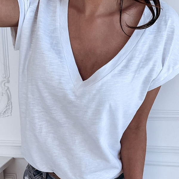 GAOKE White Summer T Shirt Women Casual Womens Tee Shirts V-neck Plus Size Tops Short Sleeve T-shirt Ladies Women Clothings