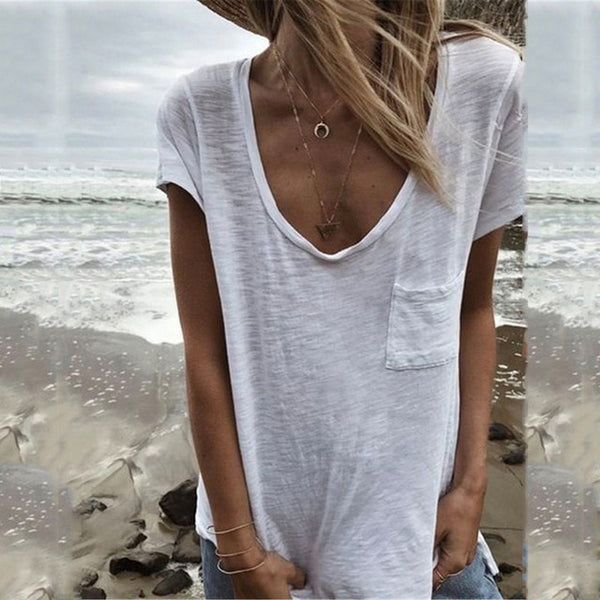 GAOKE White Summer T Shirt Women Casual Womens Tee Shirts V-neck Plus Size Tops Short Sleeve T-shirt Ladies Women Clothings