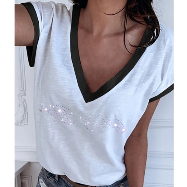 GAOKE White Summer T Shirt Women Casual Womens Tee Shirts V-neck Plus Size Tops Short Sleeve T-shirt Ladies Women Clothings