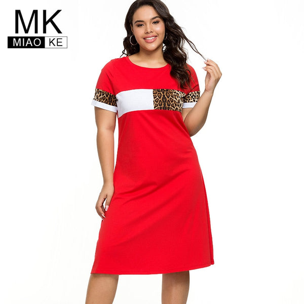 2020 Summer womens Plus Size Short sleeve T-shirt dress fashion Ladies Casual Stitching Leopard dresses