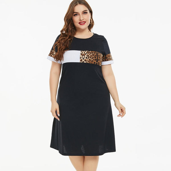 2020 Summer womens Plus Size Short sleeve T-shirt dress fashion Ladies Casual Stitching Leopard dresses