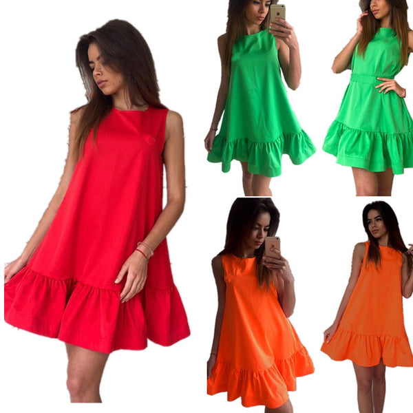 Women Ruffle Tank Casual Dress Fashion Female Summer Mini Umbrella Dresses Loose O-neck Sleeveless Vestidos Red Pink Blue Dresse