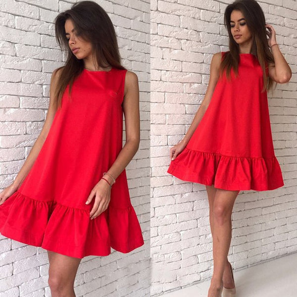 Women Ruffle Tank Casual Dress Fashion Female Summer Mini Umbrella Dresses Loose O-neck Sleeveless Vestidos Red Pink Blue Dresse