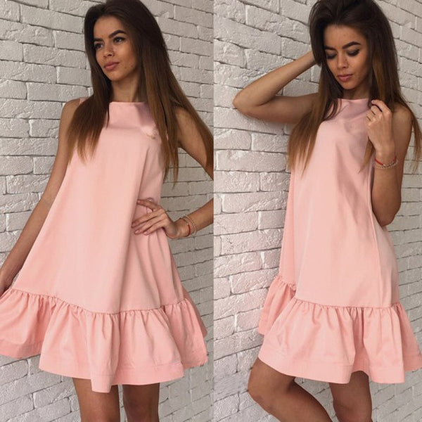 Women Ruffle Tank Casual Dress Fashion Female Summer Mini Umbrella Dresses Loose O-neck Sleeveless Vestidos Red Pink Blue Dresse