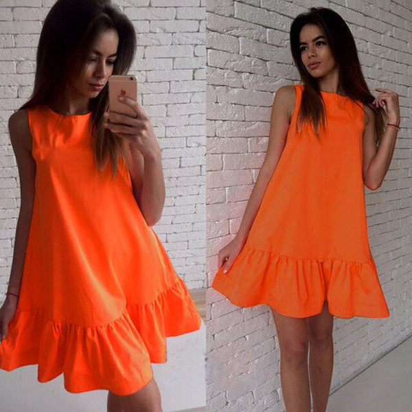 Women Ruffle Tank Casual Dress Fashion Female Summer Mini Umbrella Dresses Loose O-neck Sleeveless Vestidos Red Pink Blue Dresse