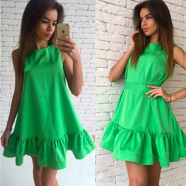 Women Ruffle Tank Casual Dress Fashion Female Summer Mini Umbrella Dresses Loose O-neck Sleeveless Vestidos Red Pink Blue Dresse