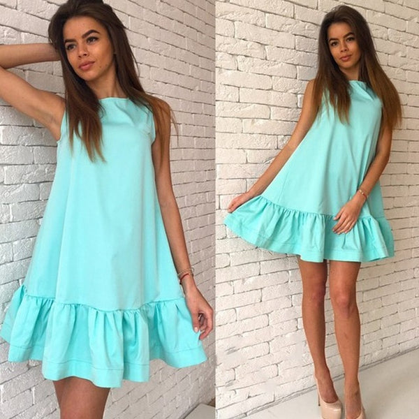 Women Ruffle Tank Casual Dress Fashion Female Summer Mini Umbrella Dresses Loose O-neck Sleeveless Vestidos Red Pink Blue Dresse