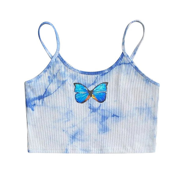 Butterfly Print Tank Tops Women Sexy Halter Vest  Clothing Party Club Bustier Summer Spring White Bottoming Cropped Sports Crops